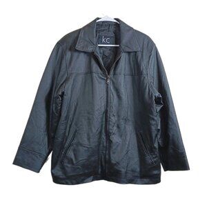 KC Collection Leather Bomber Jacket Womens Large Black Zip Winter Breaker Casual